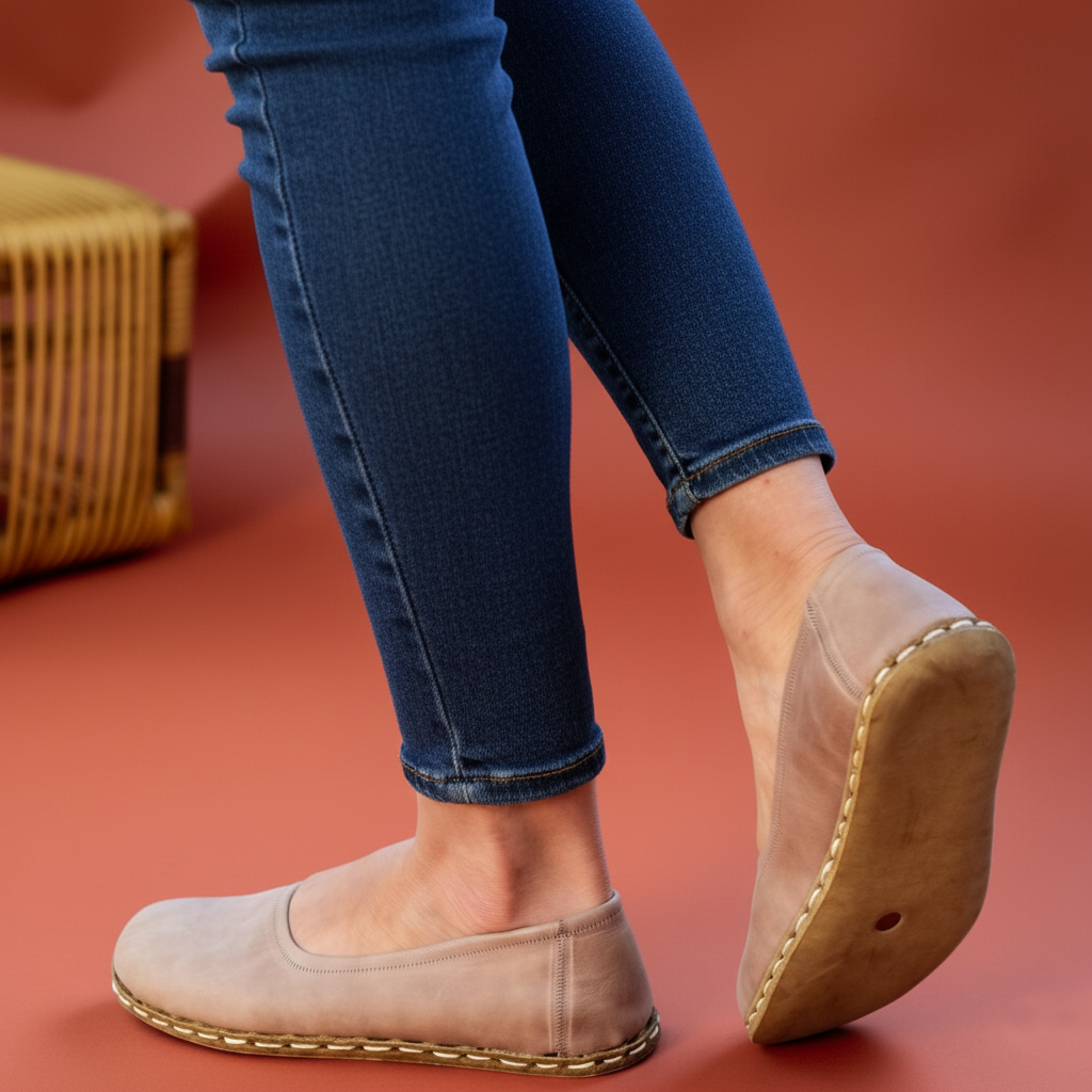 Handmade Women Barefoot Light Brown Ballet Flats