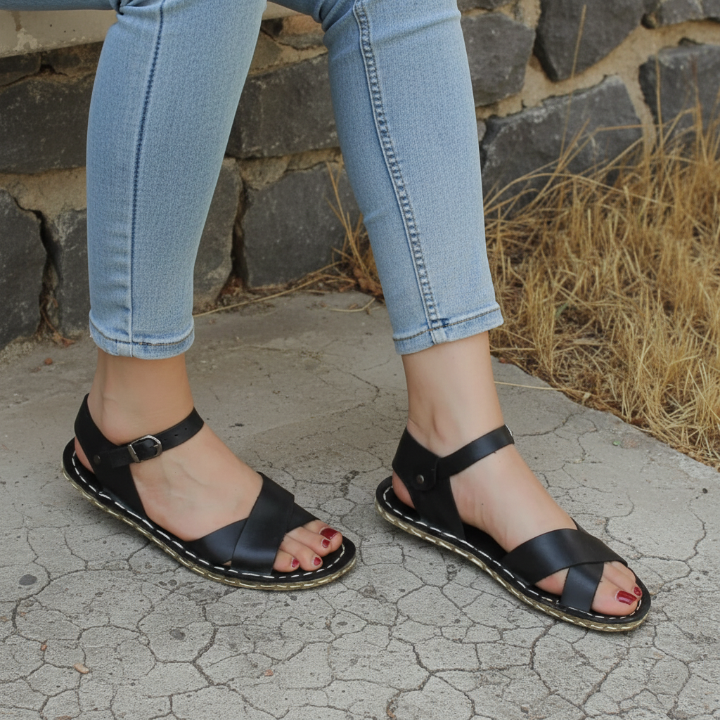 Criss Cross Barefoot Black Sandals Women
