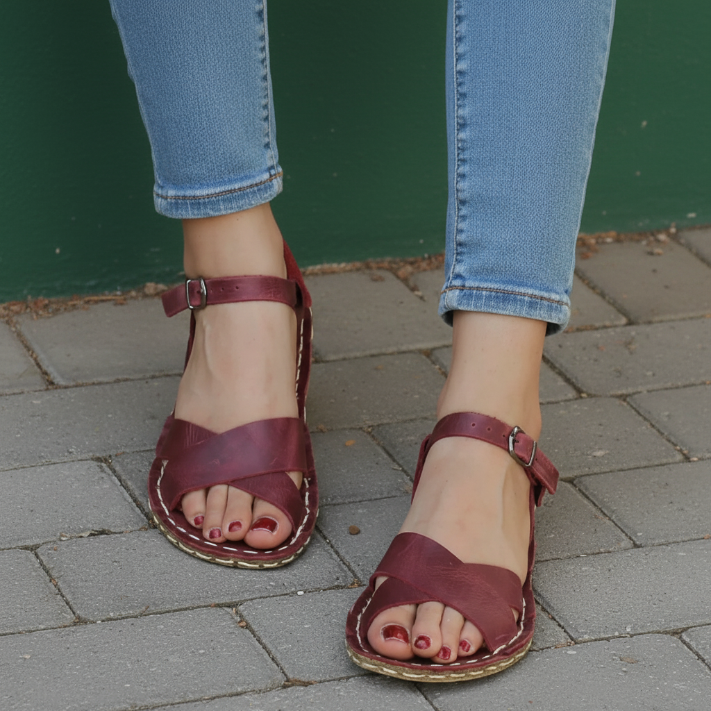 Criss Cross Barefoot Burgundy Sandals Women