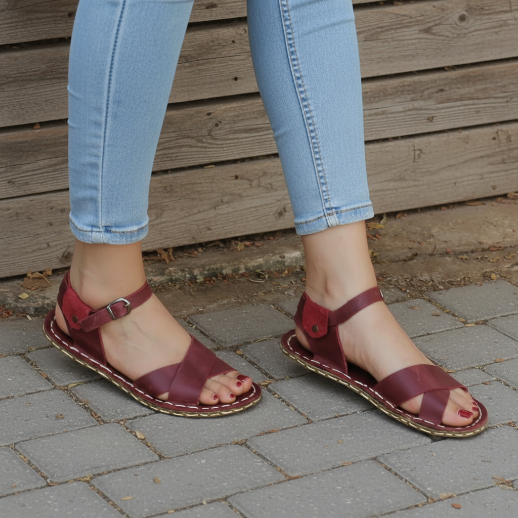 Criss Cross Barefoot Burgundy Sandals Women