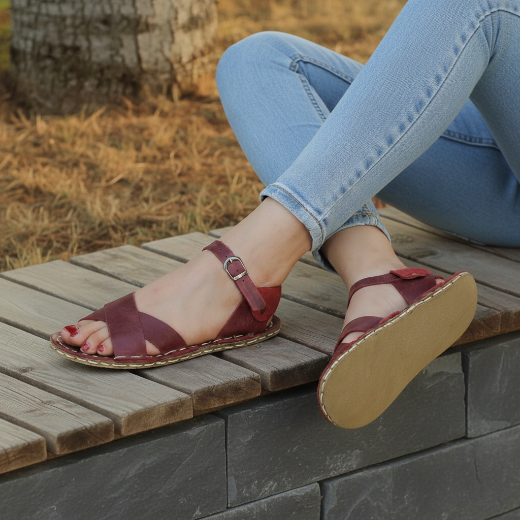 Criss Cross Barefoot Burgundy Sandals Women