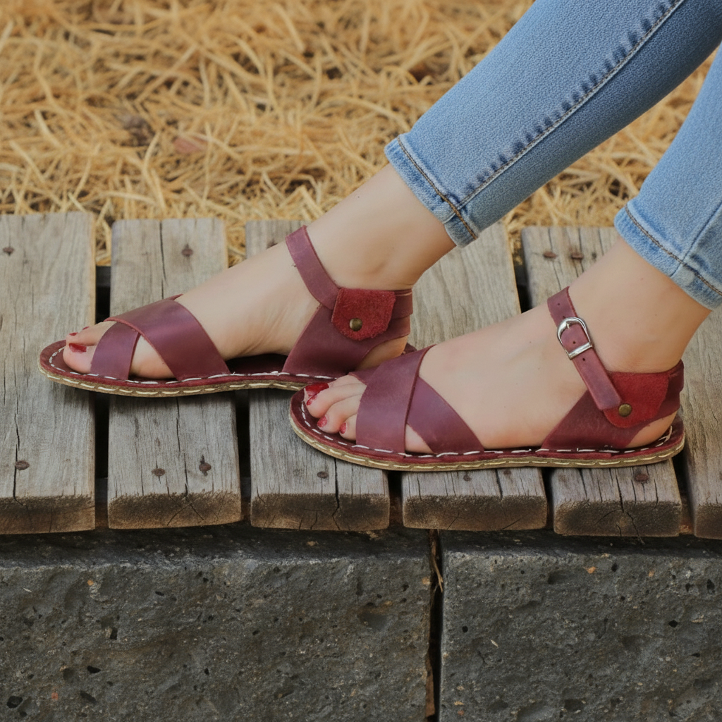 Criss Cross Barefoot Burgundy Sandals Women