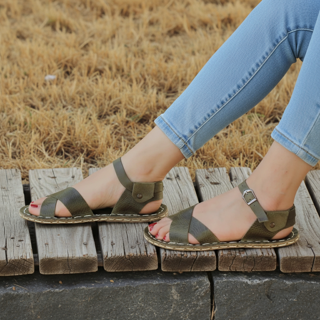 Criss Cross Barefoot Olive Green Sandals Women