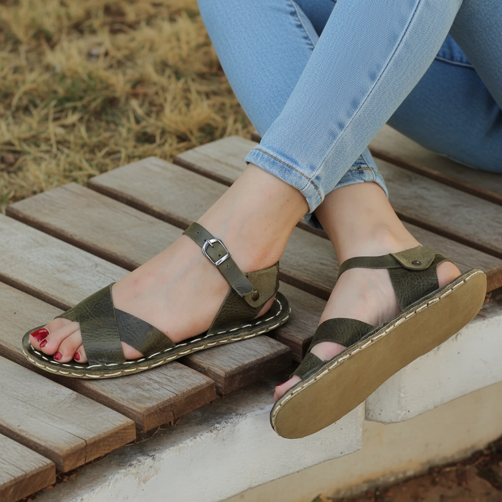 Criss Cross Barefoot Olive Green Sandals Women
