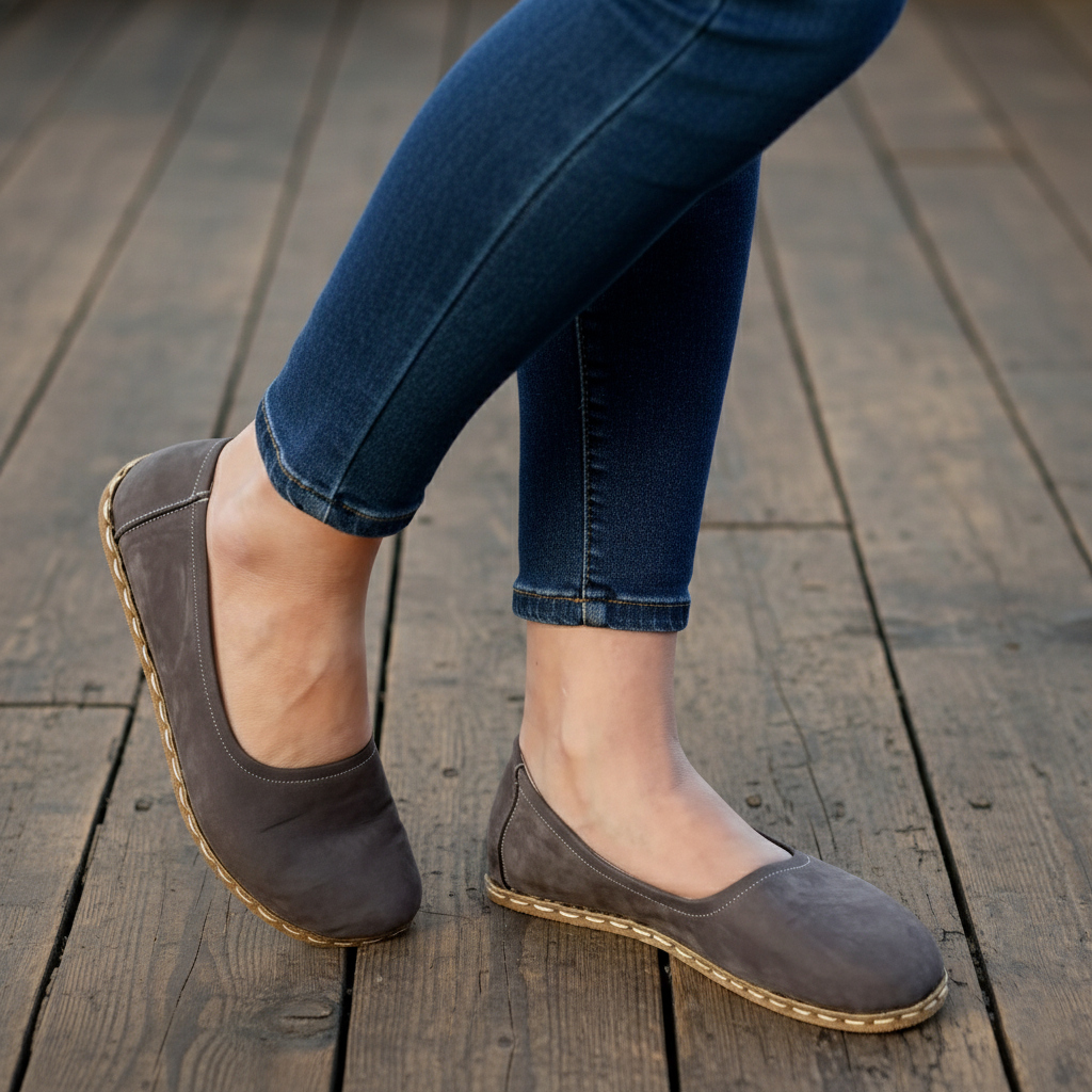 Handmade Women Barefoot Nubuck Gray Ballet Flats