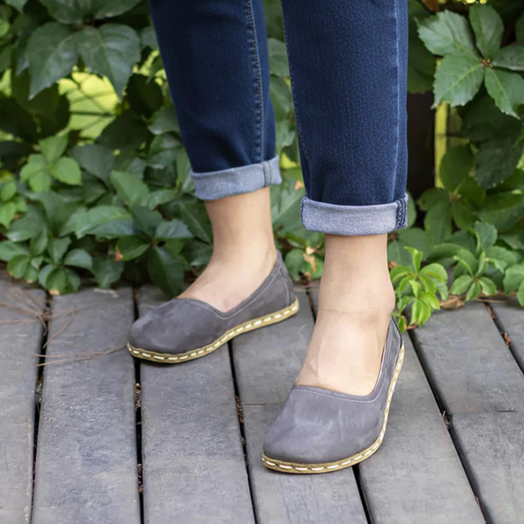 Handmade Women Barefoot Nubuck Gray Ballet Flats