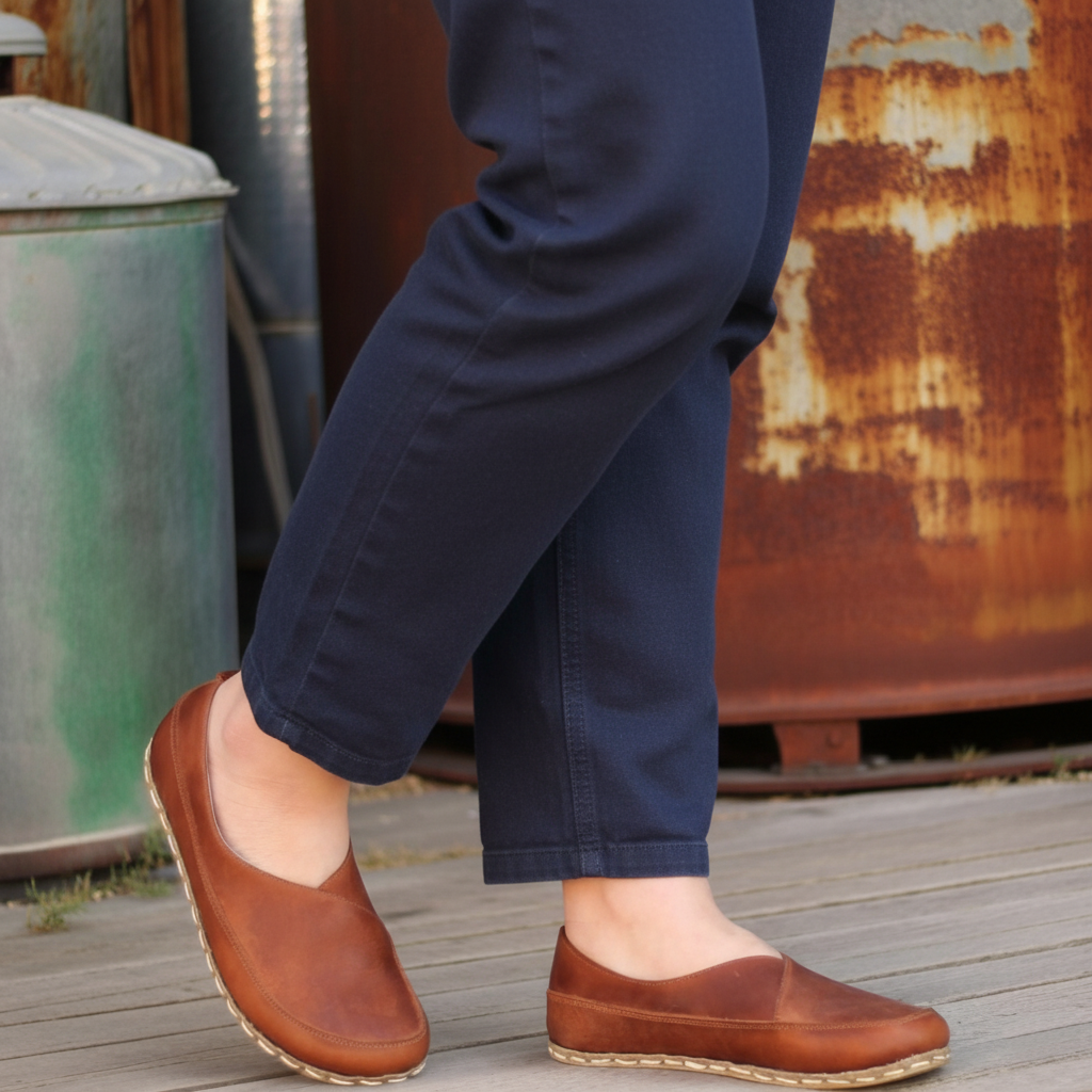 Women Barefoot Brown Cross Ballet Flats