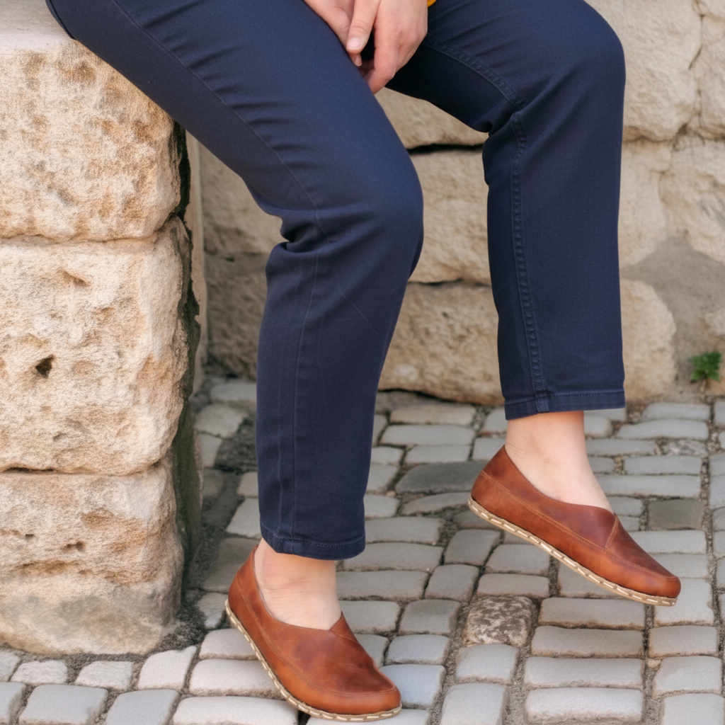 Women Barefoot Brown Cross Ballet Flats