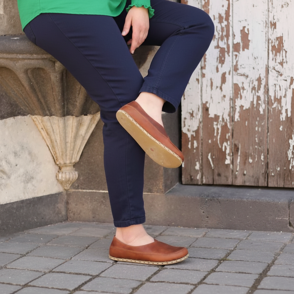 Women Barefoot Brown Cross Ballet Flats