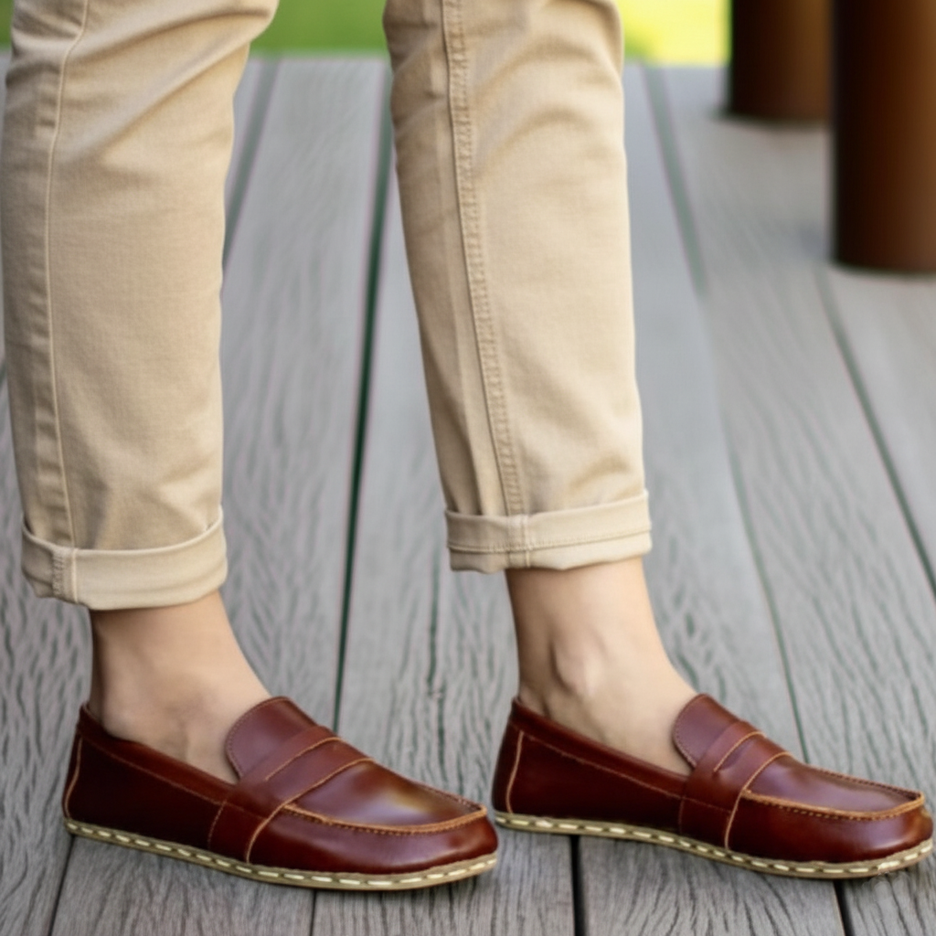Women Barefoot Brown Penny Loafers