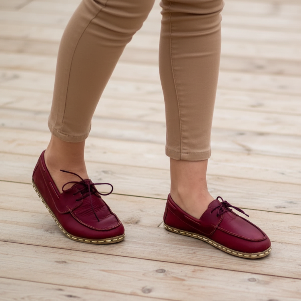 Women Barefoot Burgundy Boat Shoes