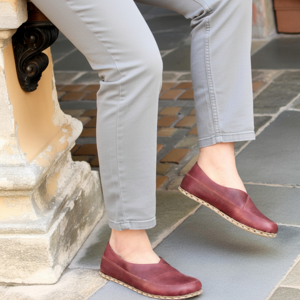 Women Barefoot Burgundy Cross Ballet Flats