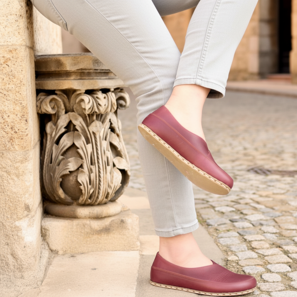 Women Barefoot Burgundy Cross Ballet Flats