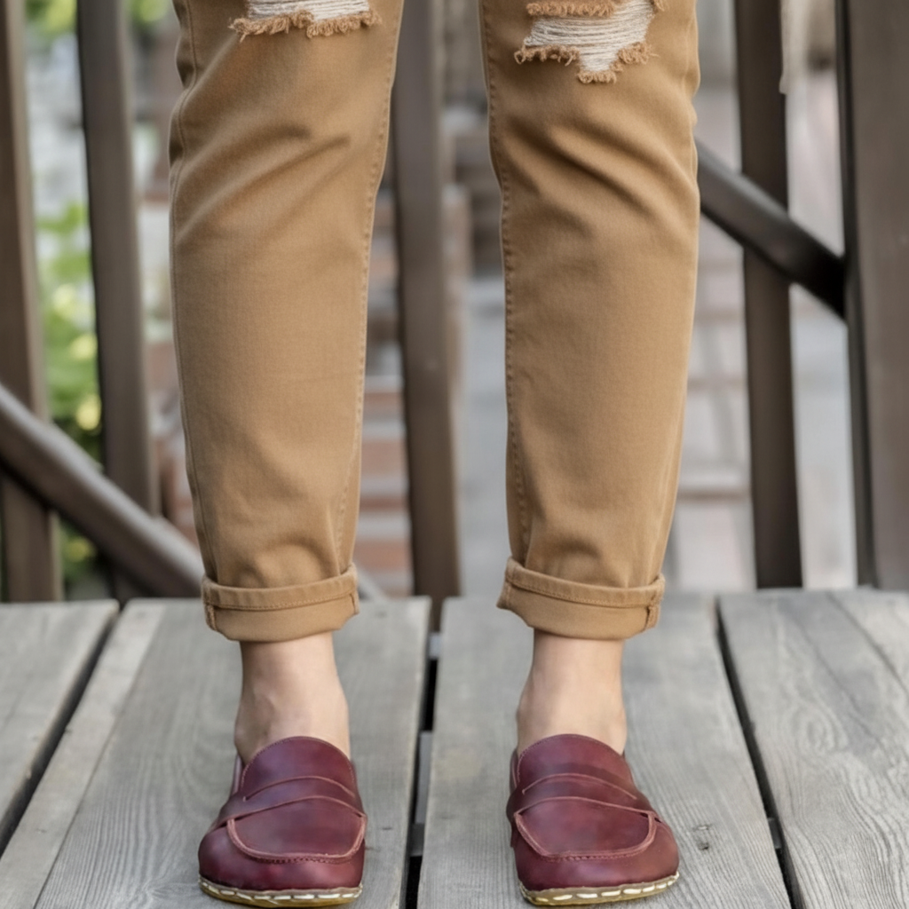 Women Barefoot Burgundy Penny Loafers