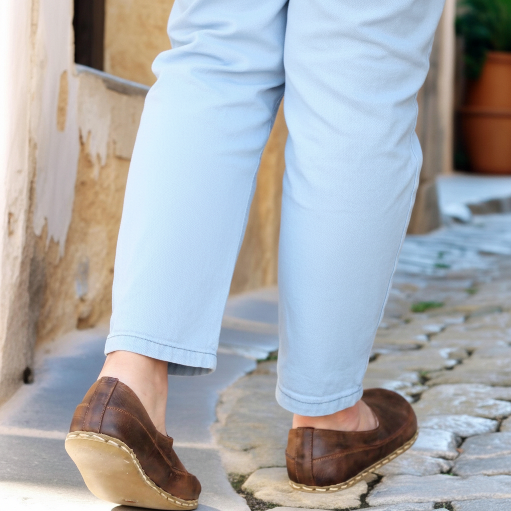 Women Barefoot Coffee Brown Cross Ballet Flats
