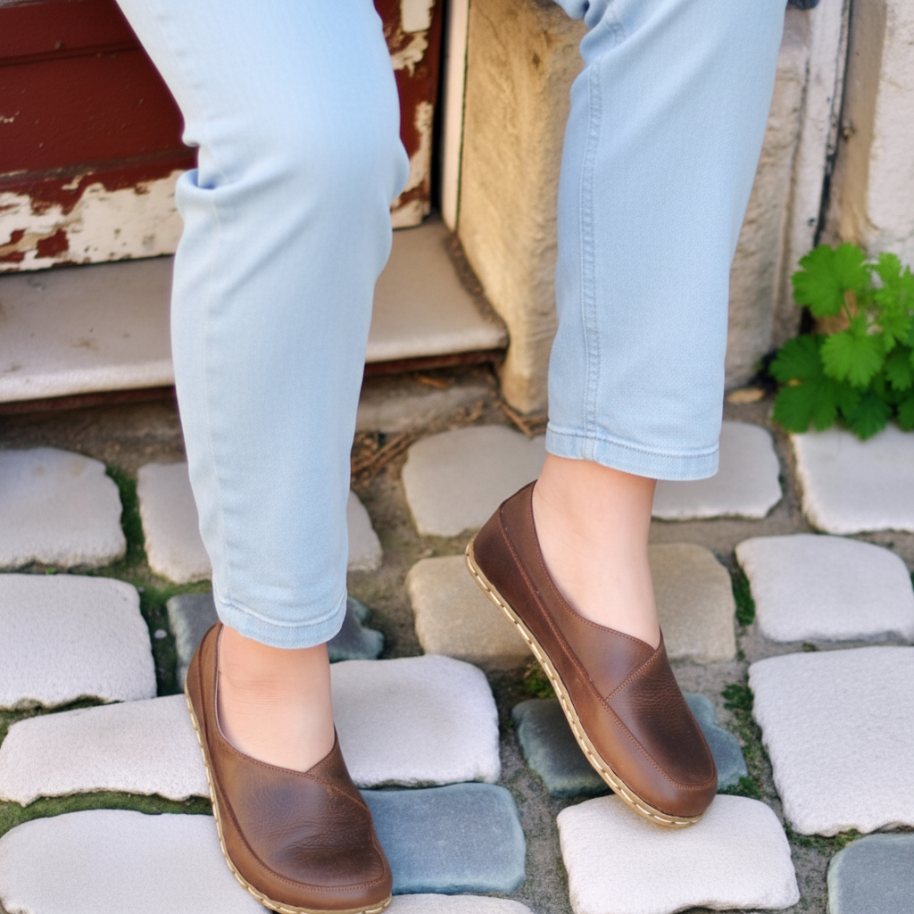 Women Barefoot Coffee Brown Cross Ballet Flats