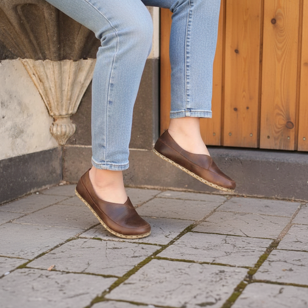 Women Barefoot Coffee Brown Cross Ballet Flats
