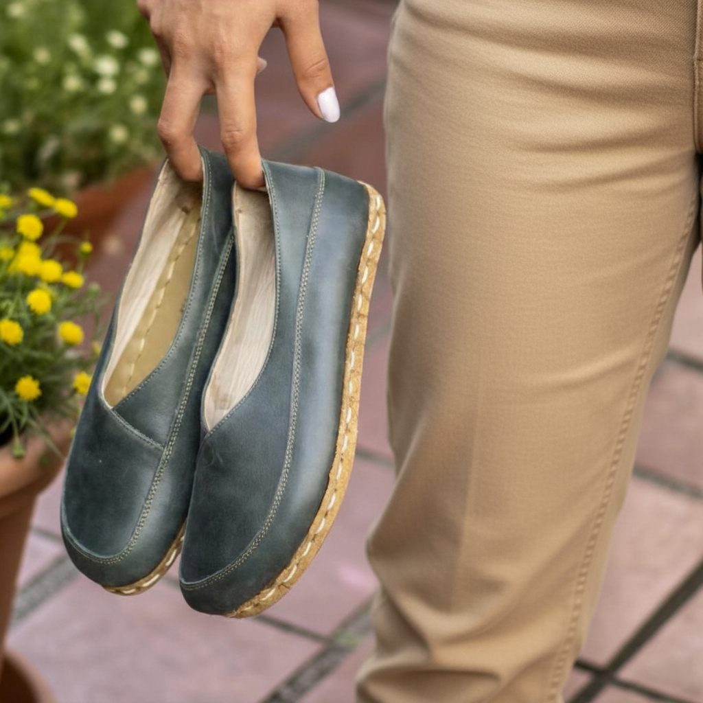 Women Barefoot Dark Green Cross Ballet Flats