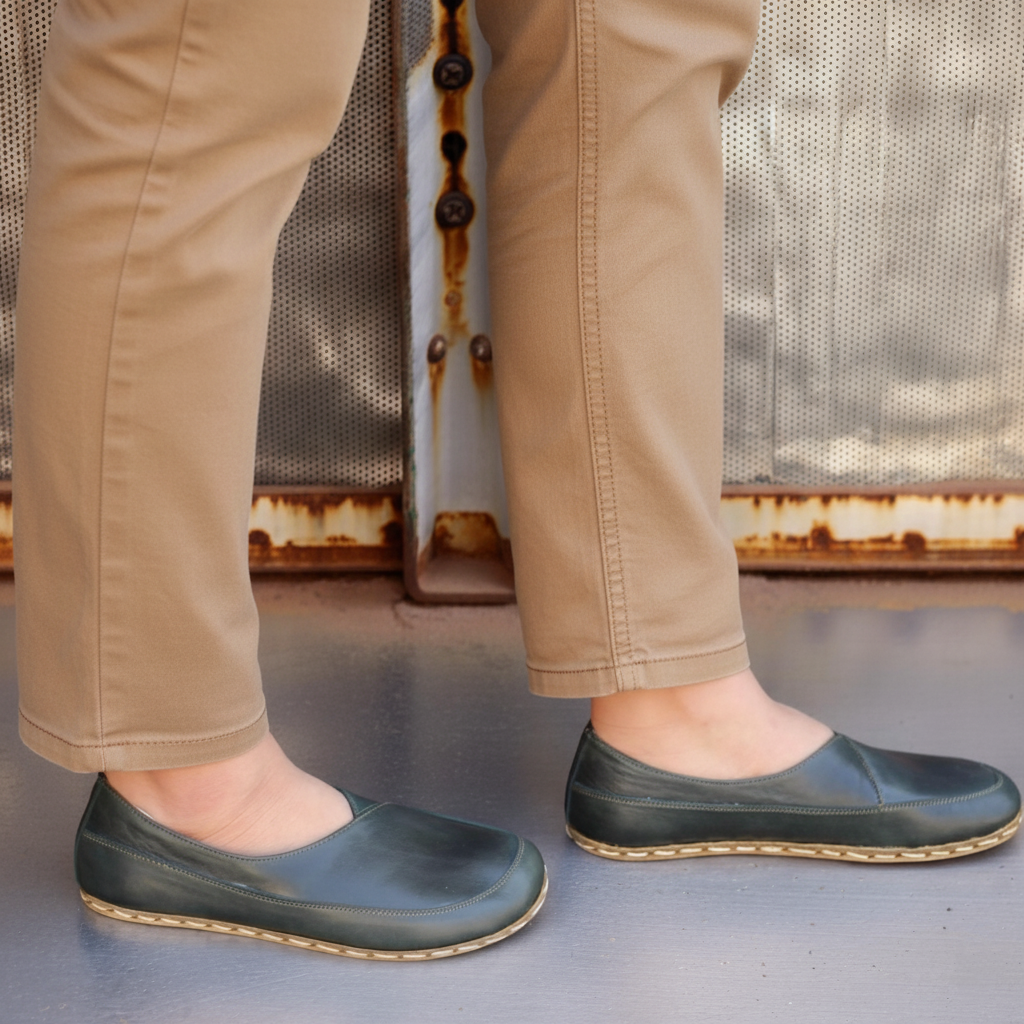 Women Barefoot Dark Green Cross Ballet Flats