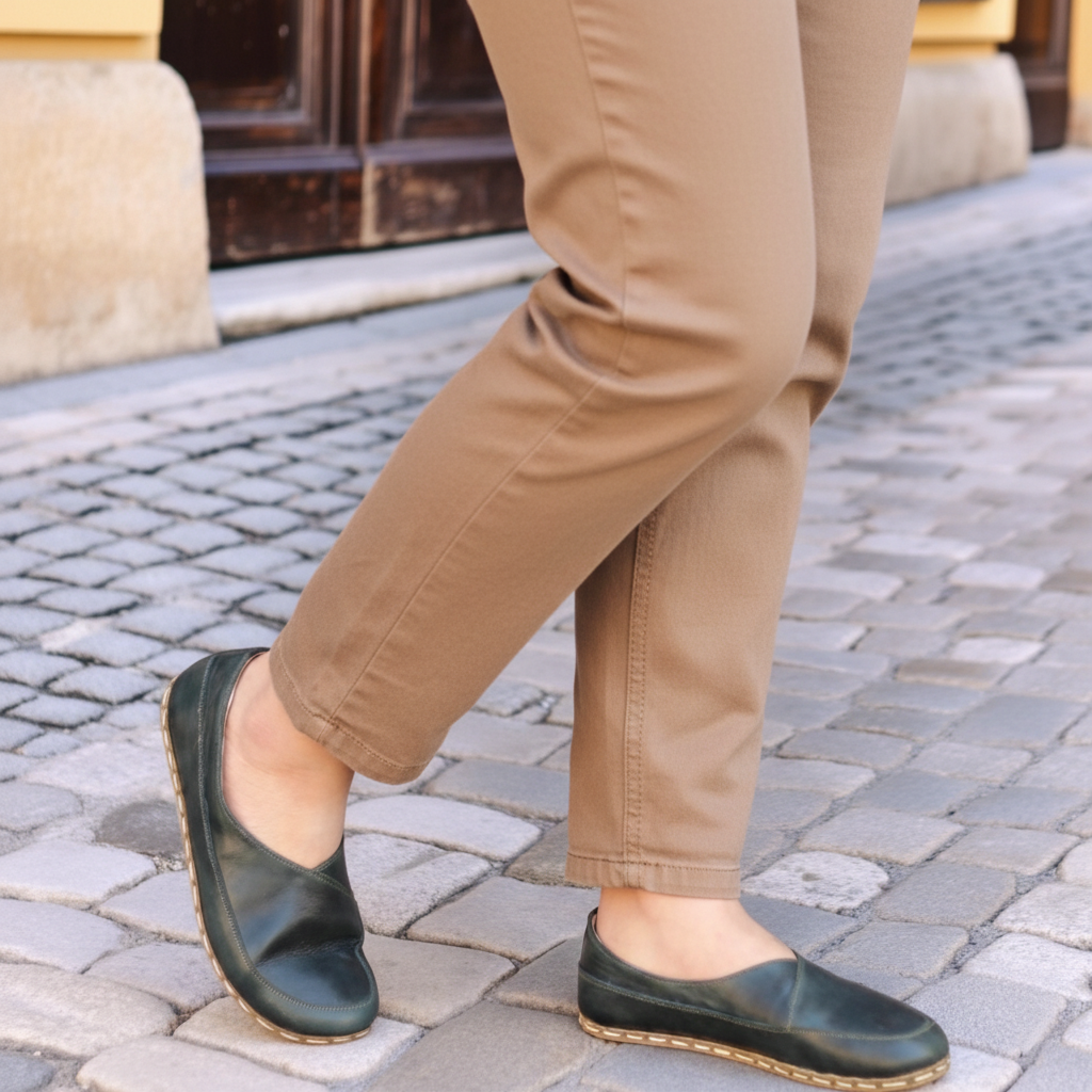 Women Barefoot Dark Green Cross Ballet Flats