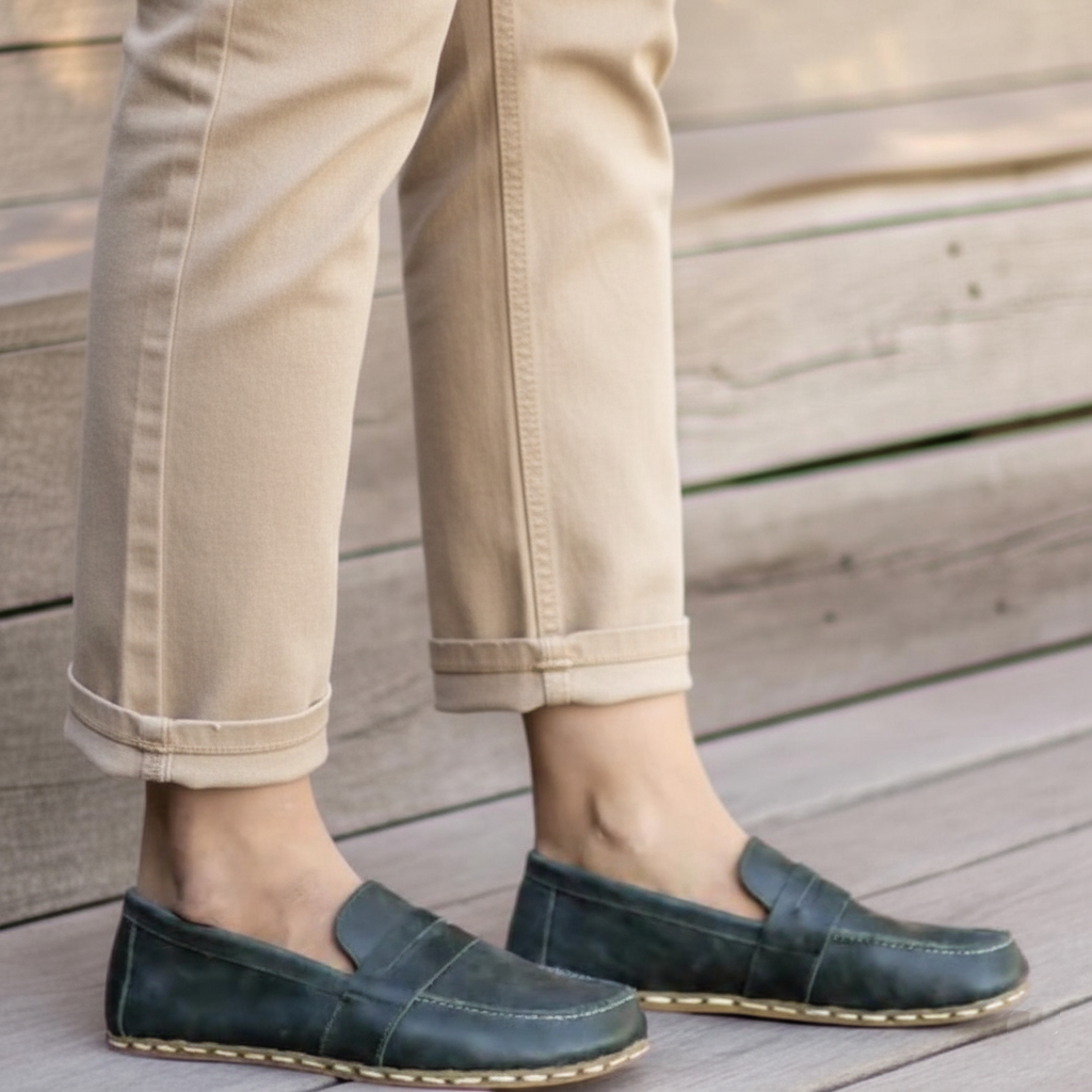 Women Barefoot Green Penny Loafers