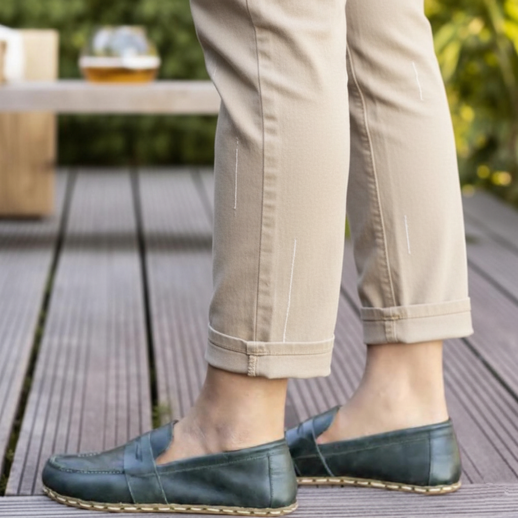 Women Barefoot Green Penny Loafers