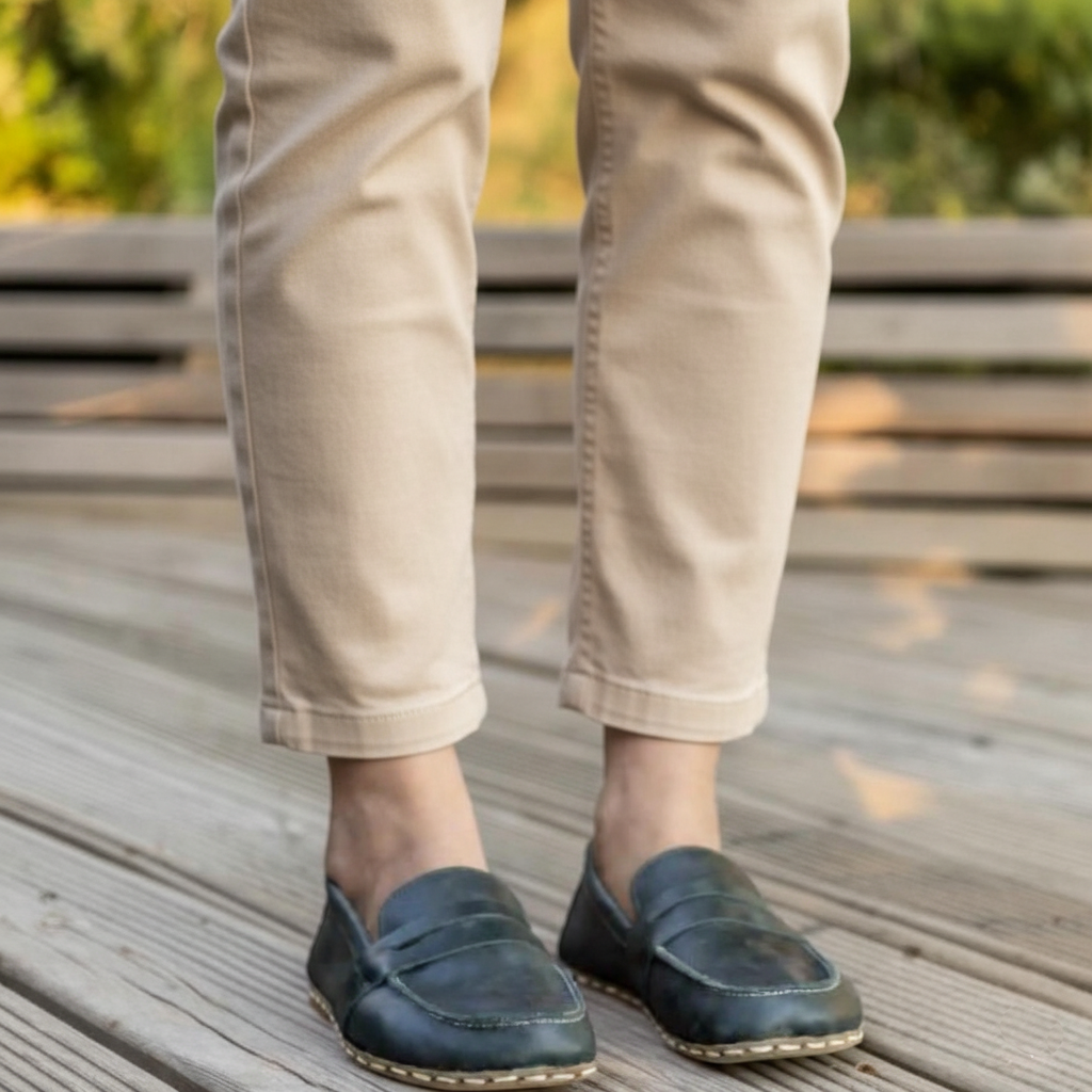 Women Barefoot Green Penny Loafers