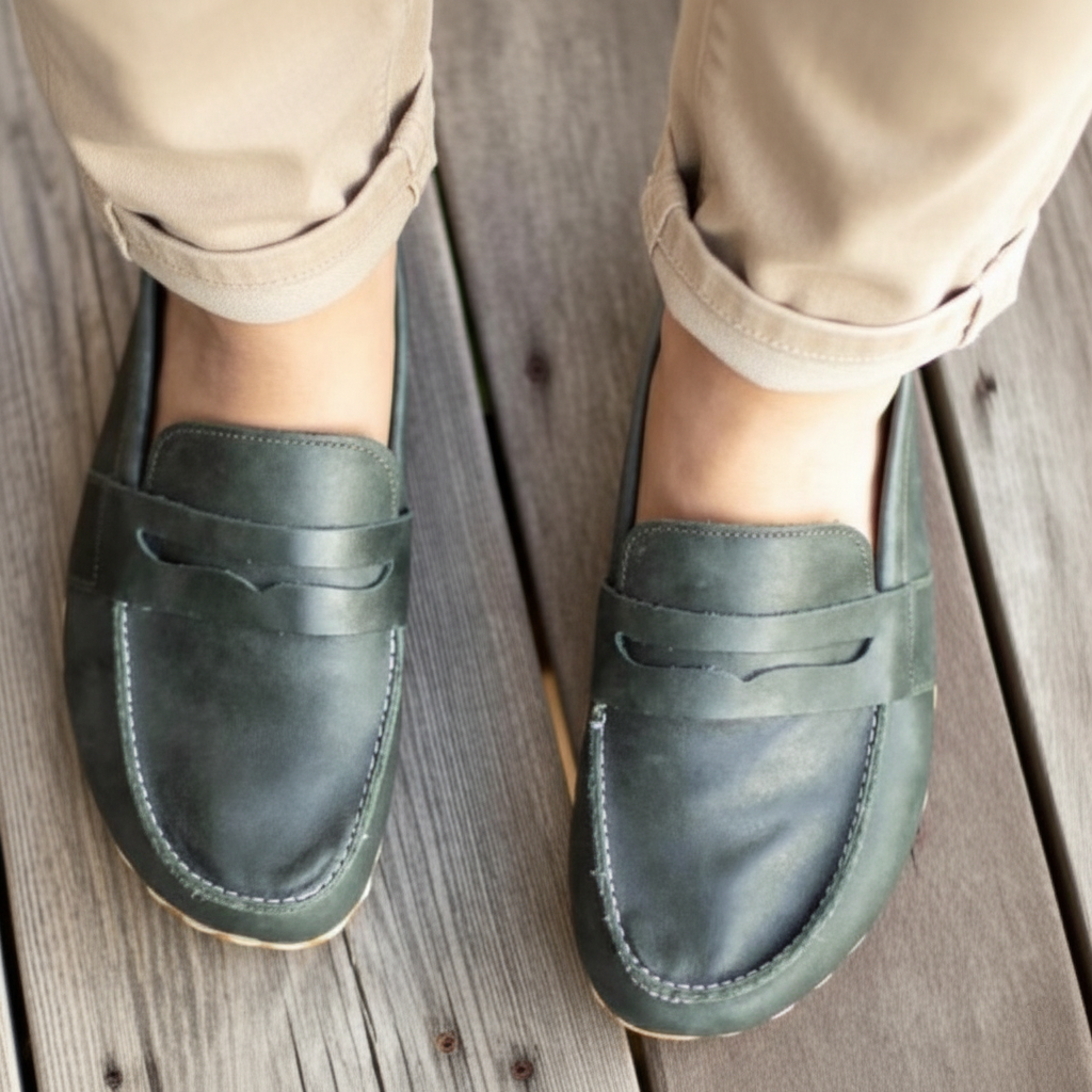Women Barefoot Green Penny Loafers