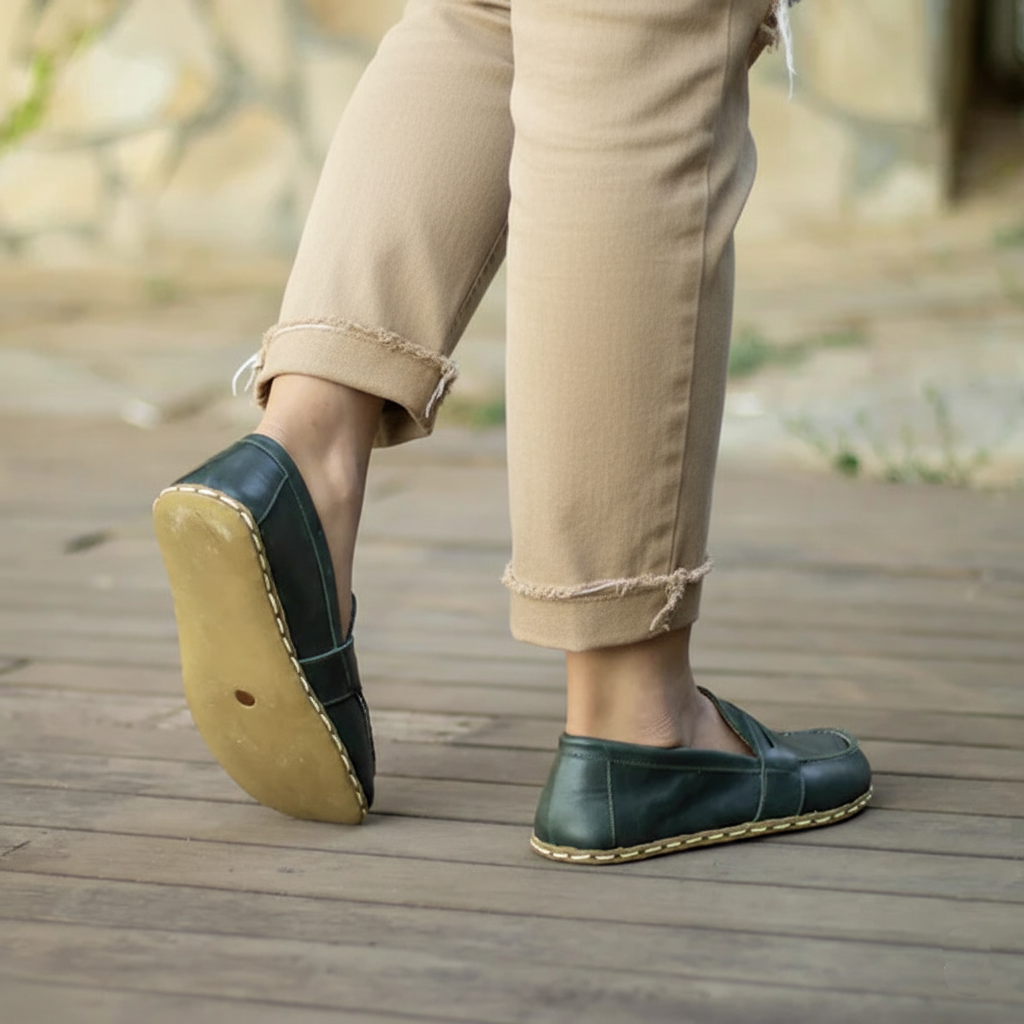 Women Barefoot Green Penny Loafers