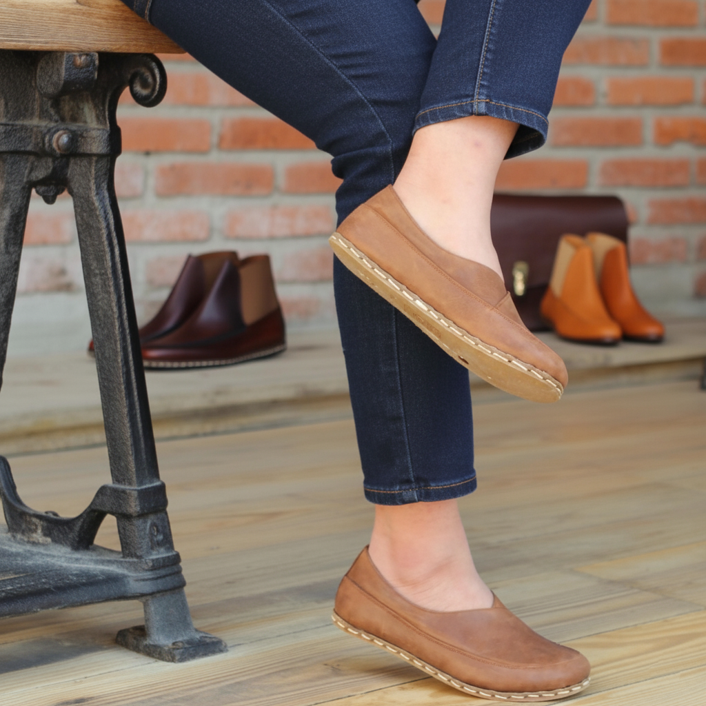Women Barefoot Matte Brown Cross Ballet Flats