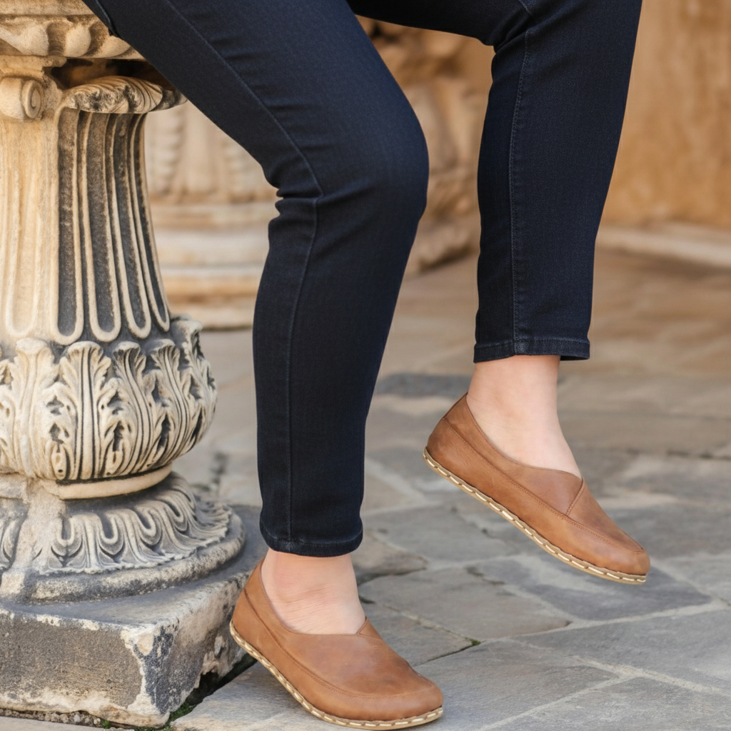 Women Barefoot Matte Brown Cross Ballet Flats