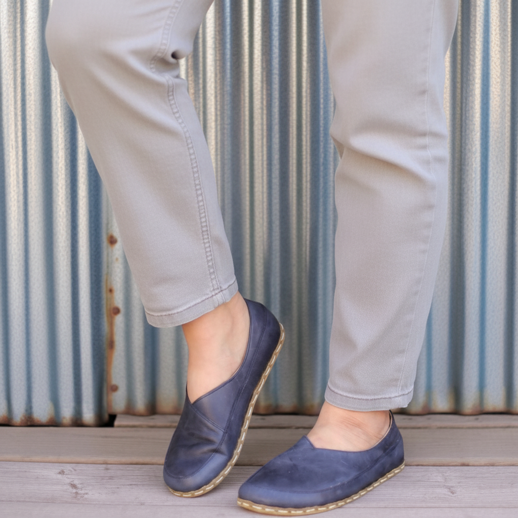 Women Barefoot Navy Blue Cross Ballet Flats