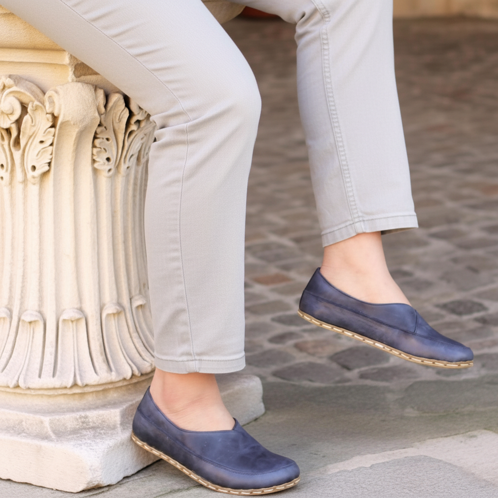 Women Barefoot Navy Blue Cross Ballet Flats