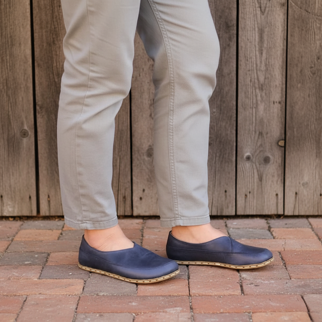 Women Barefoot Navy Blue Cross Ballet Flats