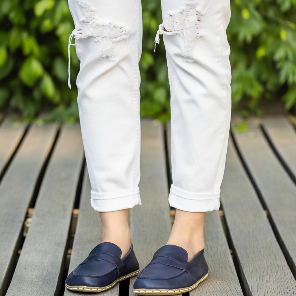 Women Barefoot Navy Blue Penny Loafers