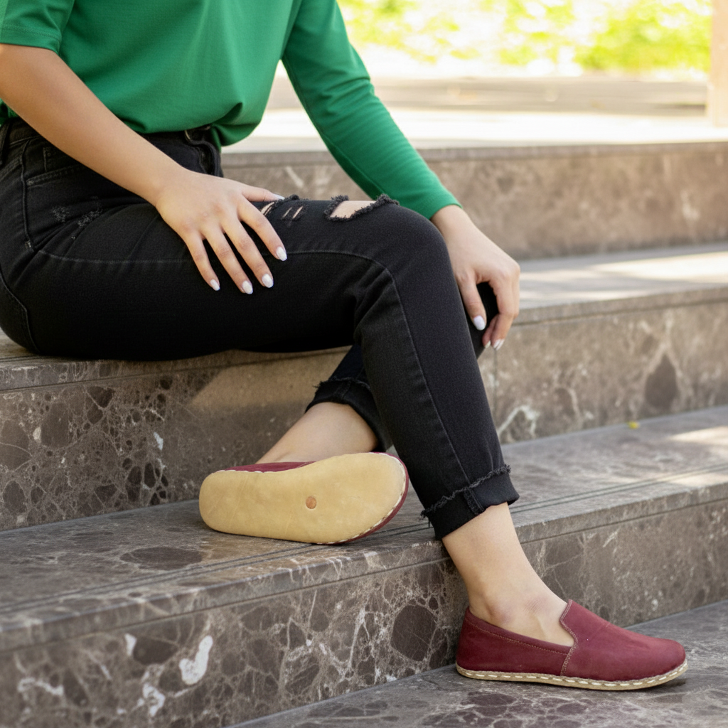 Women Barefoot Nubuck Burgundy Loafers