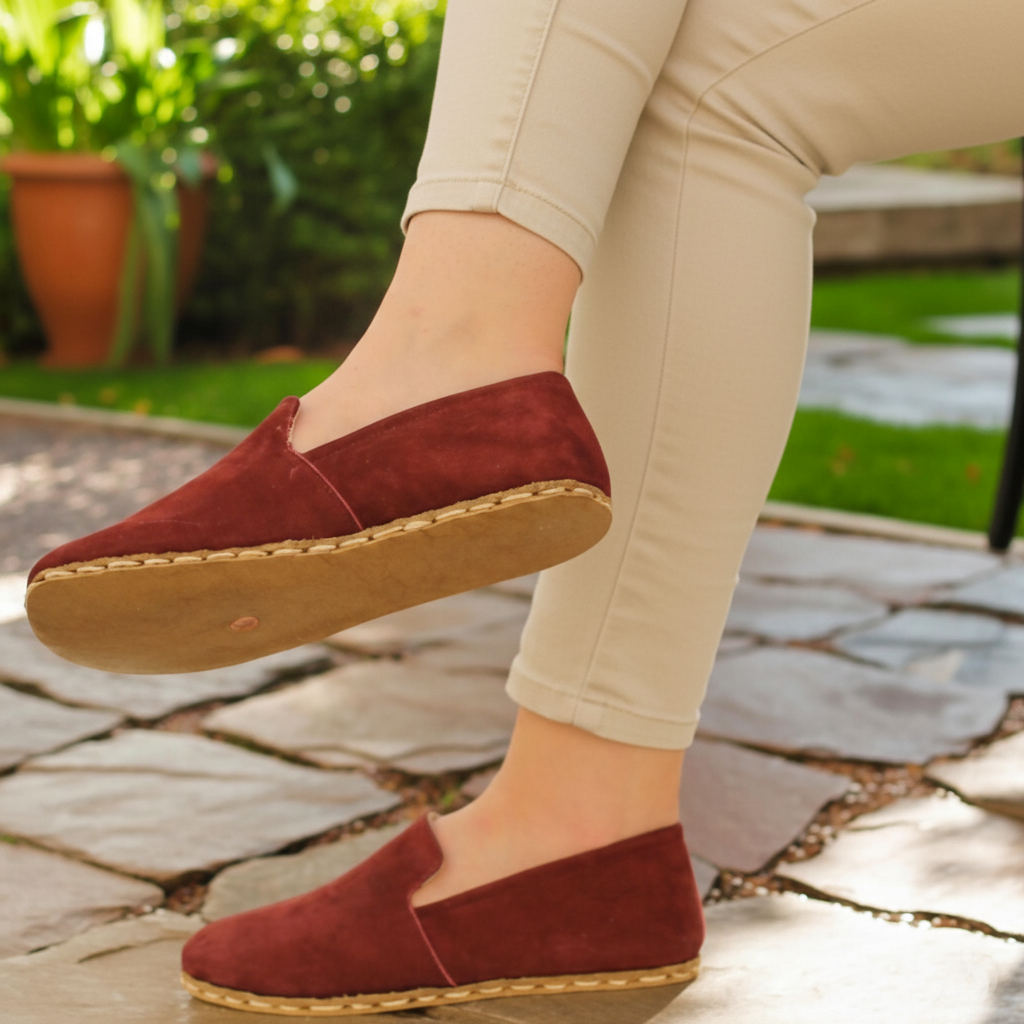 Women Barefoot Nubuck Burgundy Loafers
