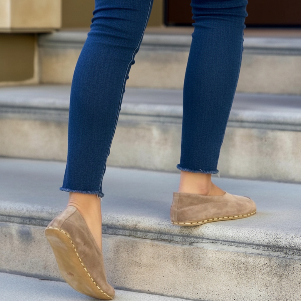 Women Barefoot Suede Light Brown Cross Ballet Flats
