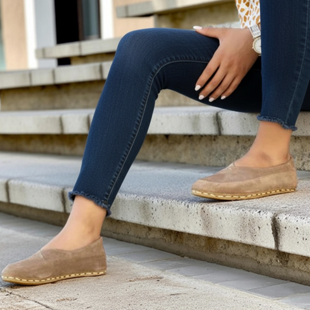 Women Barefoot Suede Light Brown Cross Ballet Flats