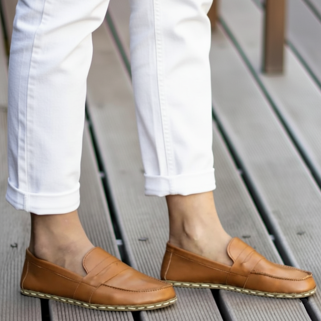 Women Barefoot Tan Brown Penny Loafers