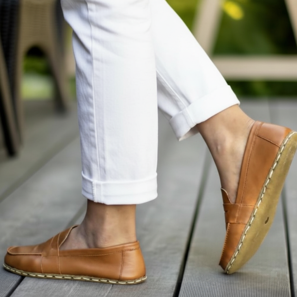 Women Barefoot Tan Brown Penny Loafers