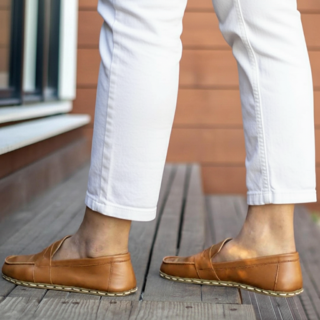 Women Barefoot Tan Brown Penny Loafers