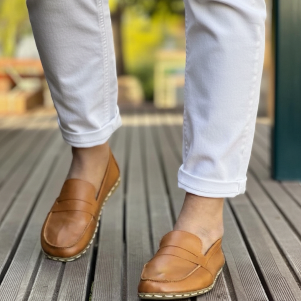 Women Barefoot Tan Brown Penny Loafers