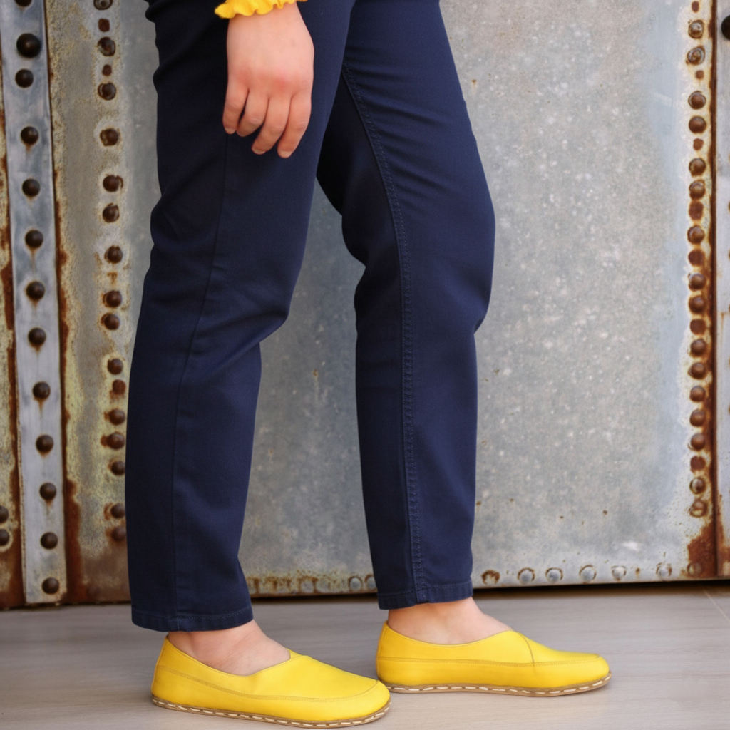 Women Barefoot Yellow Cross Ballet Flats