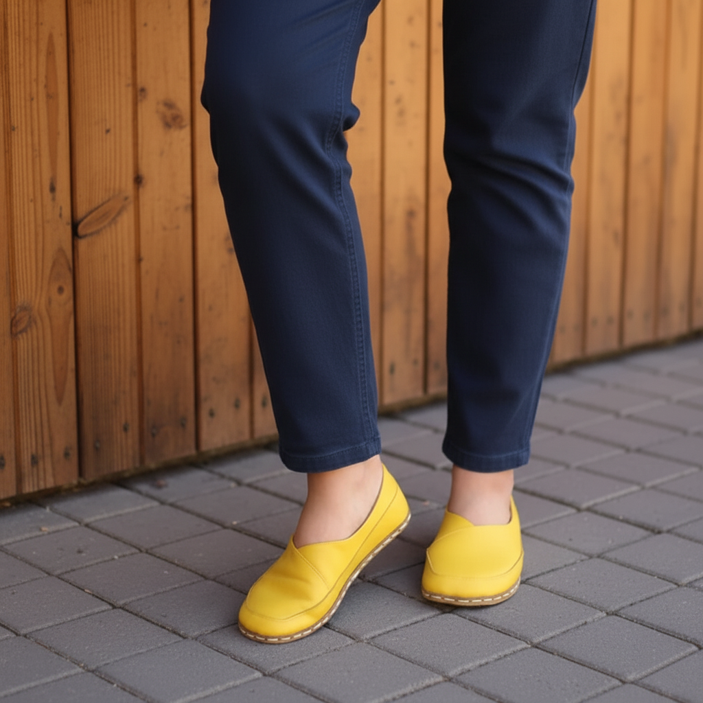 Women Barefoot Yellow Cross Ballet Flats