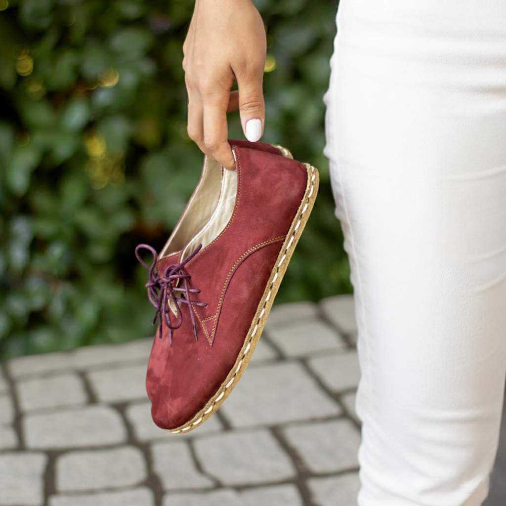 Women Barefoot Nubuck Burgundy Oxford Shoes