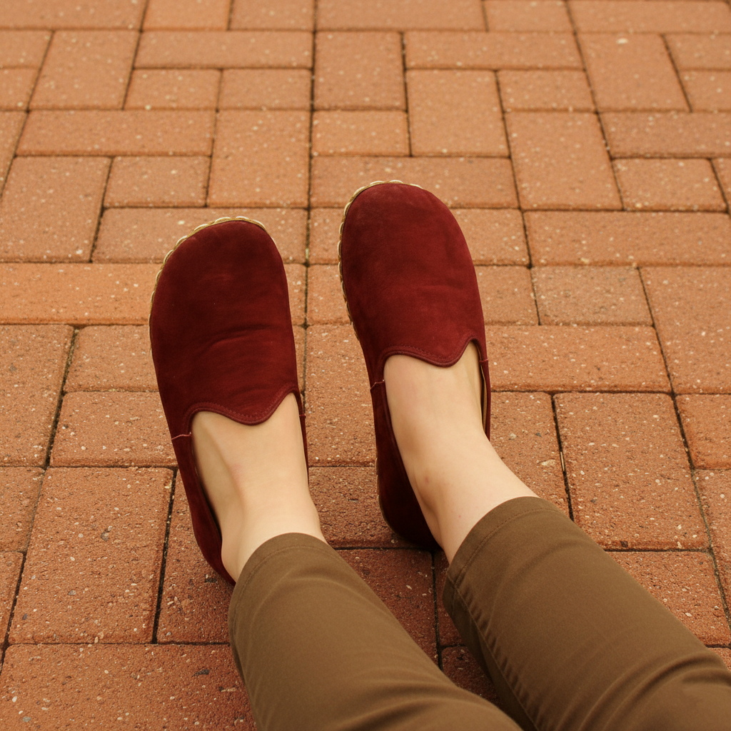 Women Nubuck Barefoot Burgundy Slip On Shoes
