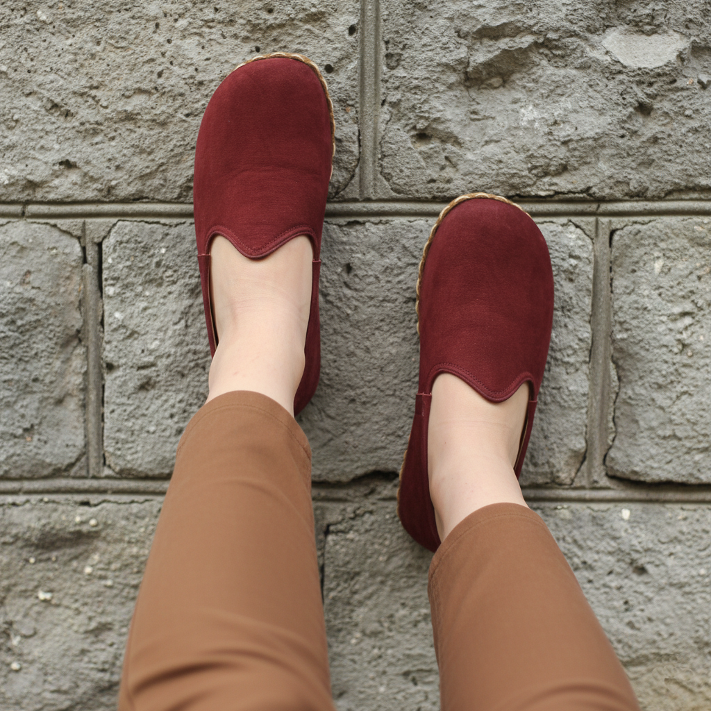 Women Nubuck Barefoot Burgundy Slip On Shoes