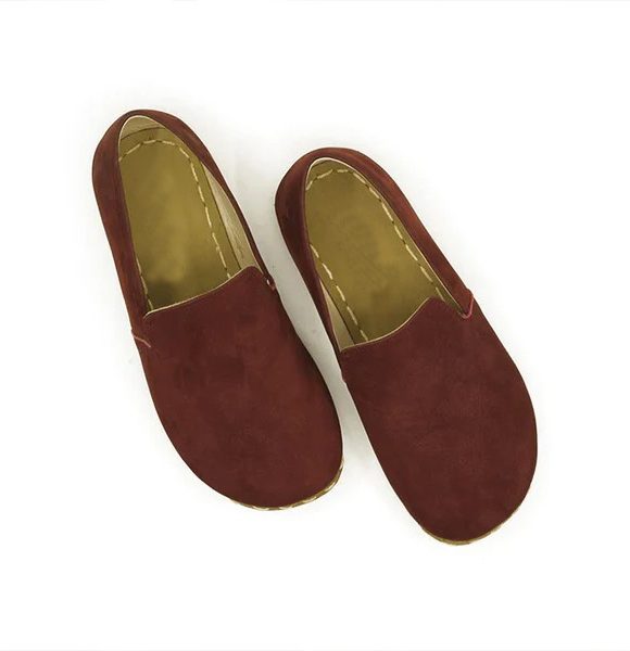 Handmade Women Burgundy Nubuck Barefoot Loafers