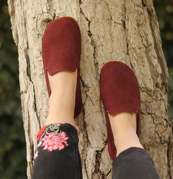 Handmade Women Burgundy Nubuck Barefoot Loafers